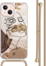 Casimoda® - Coque iPhone 13 avec cordon beige - Visage abstrait marron - Cordon détachable - TPU/acrylique