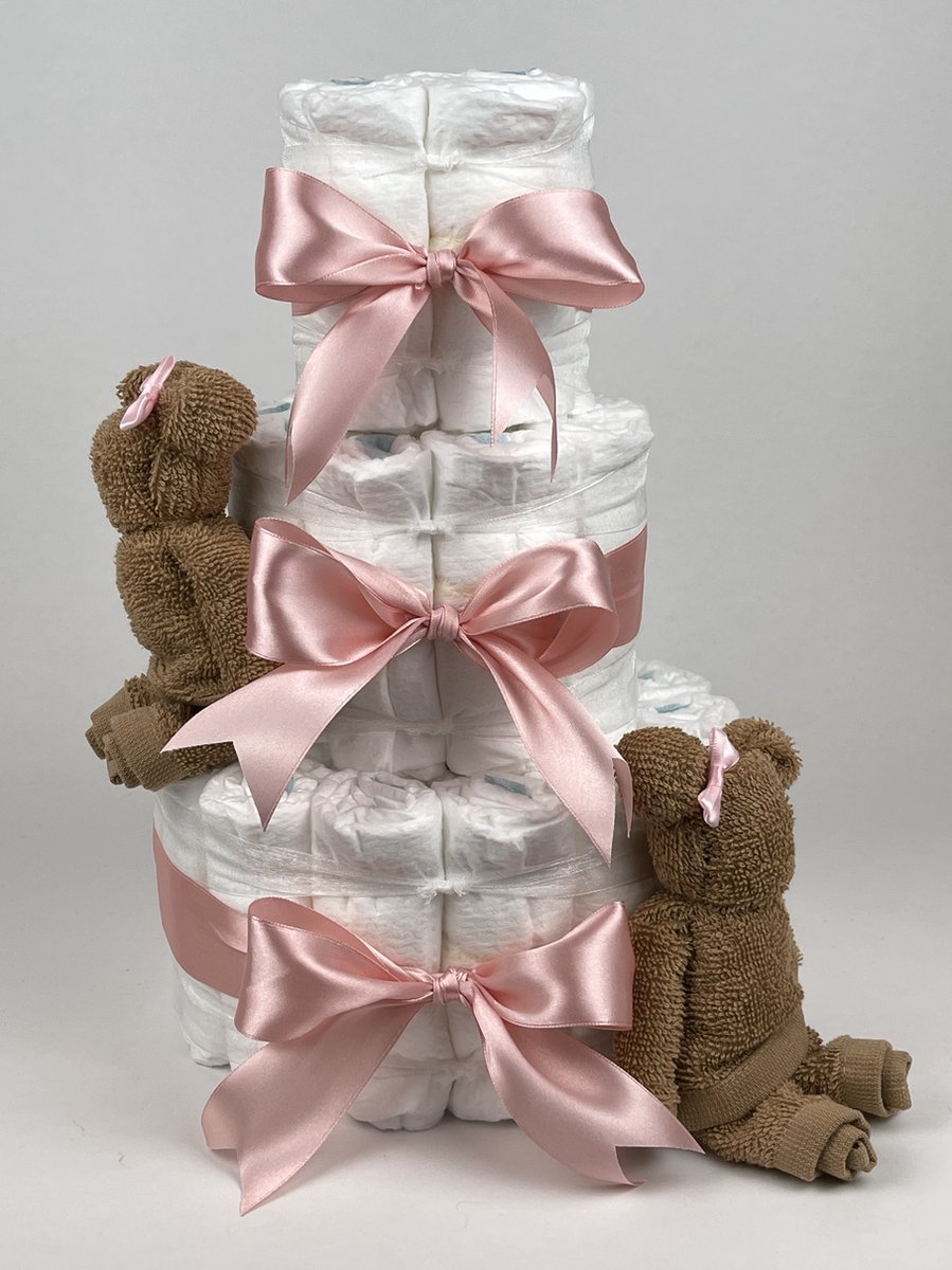 Goedkoopste Chouette-Chouette | Luiertaart Meisje | Kraamcadeau | Geboorte Meisje | Babyshower | Beren Sand - donker Poeder Roze