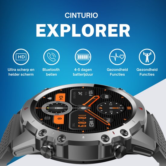 Cinturio Explorer Smartwatch - HD Scherm - Met twee bandjes - Voor heren en voor dames met bel functie hartslagmeter stopwatch whatsapp meldingen en veel sportfuncties etc.etc. Voor iOS en Android - Cinturio