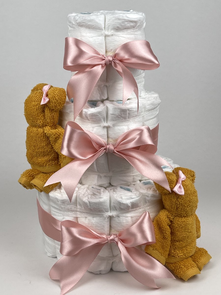 Goedkoopste Chouette-Chouette | Luiertaart Meisje | Kraamcadeau | Geboorte Meisje | Babyshower | Beren Oker - donker Poeder Roze