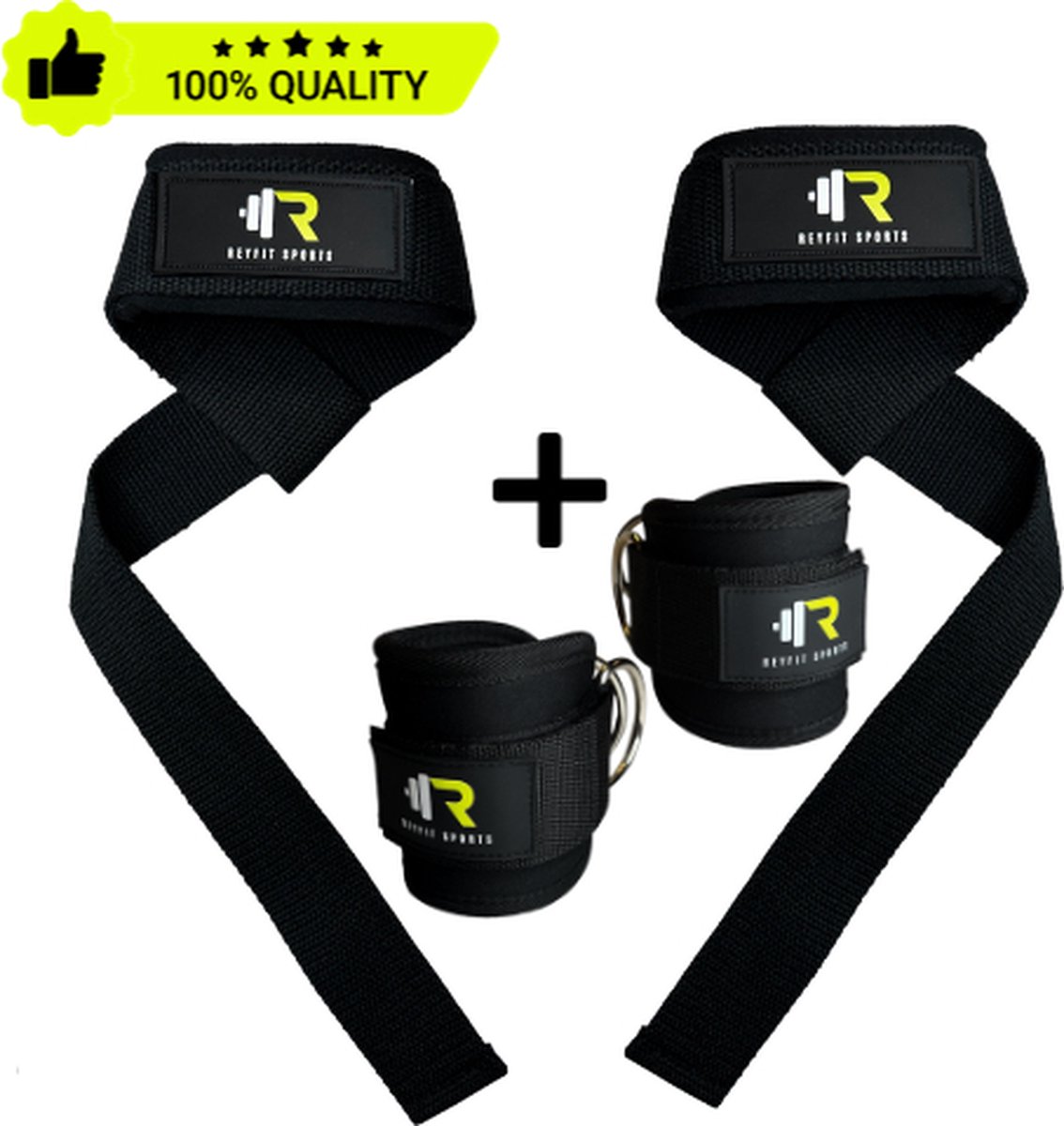 ReyFit Sports - 2x Lifting Straps + 2x Ankle Straps Bundel - Deadlift Straps + Enkelband Fitness - Fitness Accessoires - Zwart