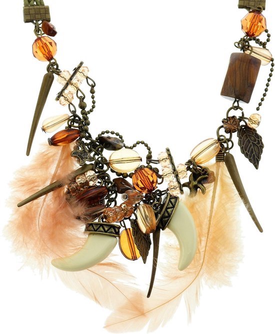 Collier en corde tressée Behave Brown avec pendentifs plumes, dents, pièces de monnaie et perles