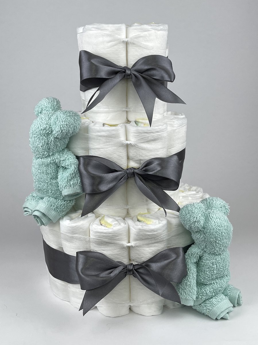 Goedkoopste Chouette-Chouette | Luiertaart Neutraal | Kraamcadeau | Geboorte Jongen Meisje | Babyshower | Beren Mint groen - donker Grijs