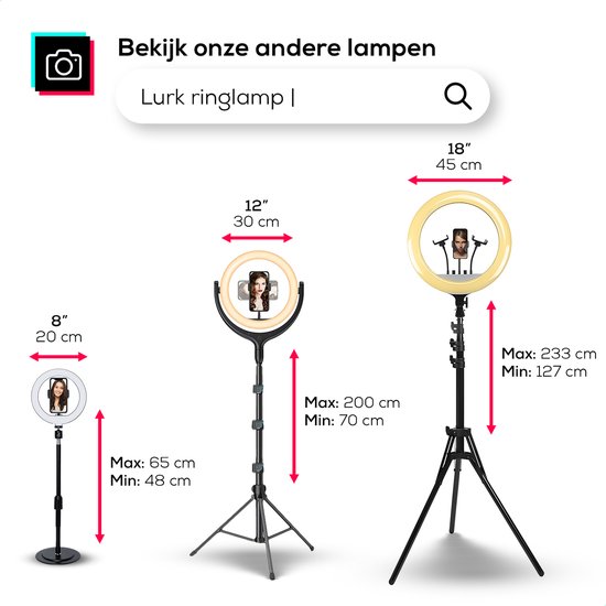 Drie ringlampen van 8", 12" en 18" met smartphonehouders en verstelbare statieven.