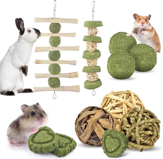 Foto: Kauwspeelgoed voor konijnen 11 stuks hamsterspeelgoed natuurlijk appelhout kauwen grasbal timothy hooisticks gras cake voor haasjes chinchilla hamsters cavia s renmuizen