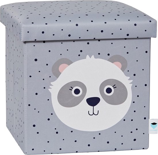 Stool with Storage Space - Seat Box Made of High-Quality Fabric - Comfortable and Extra Stable - Grey with Panda - 35 x 35 x 35 cm