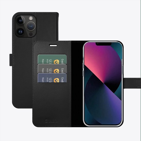 Étui portefeuille noir en cuir avec iPhone, fentes pour cartes et écran.