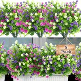 8 bundels kunstbloemen voor buiten. UV-bestendig kunstbloemen voor binnen en buiten, hangende plantenbak, kunstplanten en -bloemen. Bulk huis-, tuin-, muur-, veranda- of bruiloftsfeestdecoratie, wit / fuchsia / paars