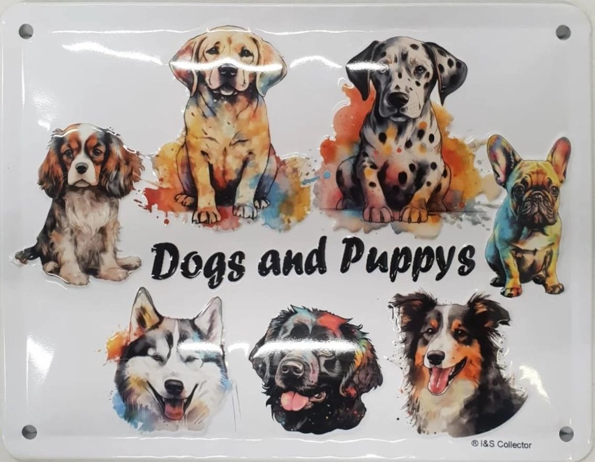 Dogs and Puppys. Metalen wandbord in reliëf 15 x 20 cm.