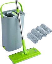 Mop and Bucket Set, Flat Mop with Stainless Steel Handle, Innovative Twin Chamber Bucket for Wet & Dry Use, 2 Reusable Pads Supplied, Suitable for All Floor Types