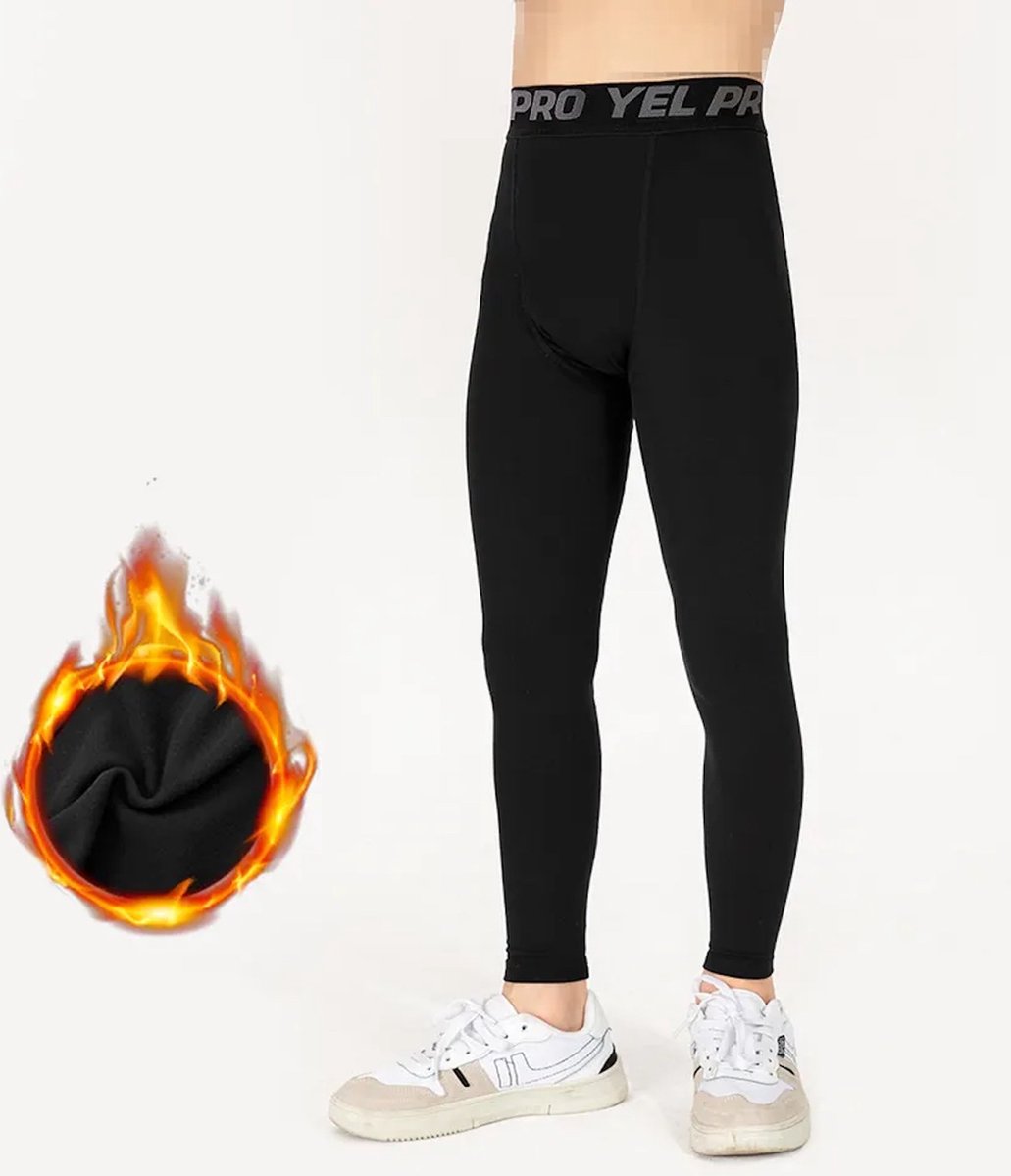 Chibaa - Jongens Thermisch Fleece Gevoerde Sport Legging - Thermo Sportbroek - Gymmen - Voetbal - Trainen - Elastisch - Gevoerd - Zwart - Maat: 130-140 - 9/10 Jaar