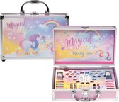 Roze make-up koffer met 'Magical unicorn' opdruk, geopend met diverse make-up producten, nagellak en kwastjes.