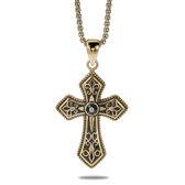 Twice As Nice Halsketting in goudkleurig edelstaal, groot kruis, zwart 60 cm