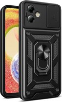 Hoesje met Camera Slider Geschikt voor de Motorola Moto G14 - Back Cover met Standaard - Uitklapbare Kickstand Ring - Beschermhoes TPU - Magneet voor Auto Houder Zwart