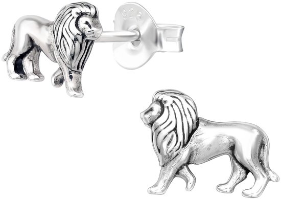 Joy|S -Zilveren leeuw oorbellen - 6 x 8 mm - massief - geoxideerd - oorknoppen