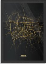 Poster Alkmaar Plattegrond Zwart Geel Rechthoek Verticaal Met Lijst XL (50 X 70 CM) - Zwarte Lijst - Wanddecoratie - Posters