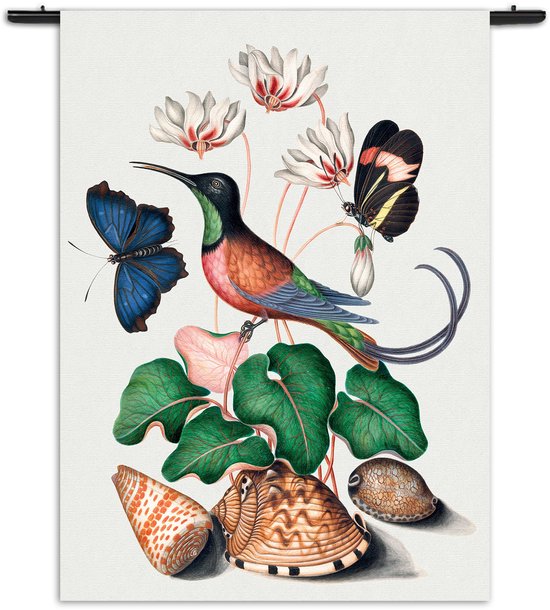 Mezo Wandkleed Prent Natuur Vogel en Bloemen 07 Rechthoek Verticaal S (85 X 60 CM) - Wandkleden - Met roedes