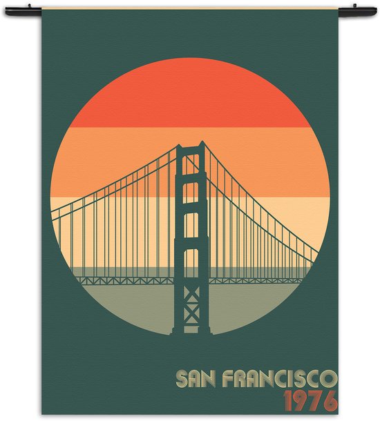 Velours Wandkleed San Francisco 1976 Golden Gate Bridge Rechthoek Verticaal S (85 X 60 CM) - Wandkleden - Met roedes