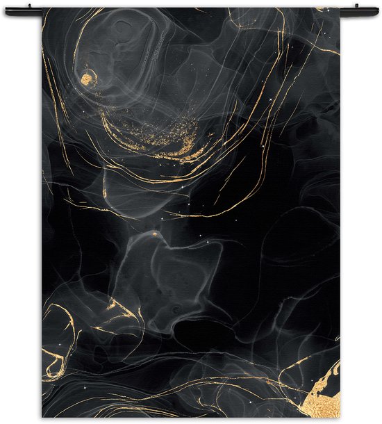 Velours Wandkleed Abstract Marmer Look Zwart met Goud 01 Rechthoek Verticaal S (85 X 60 CM) - Wandkleden - Met roedes