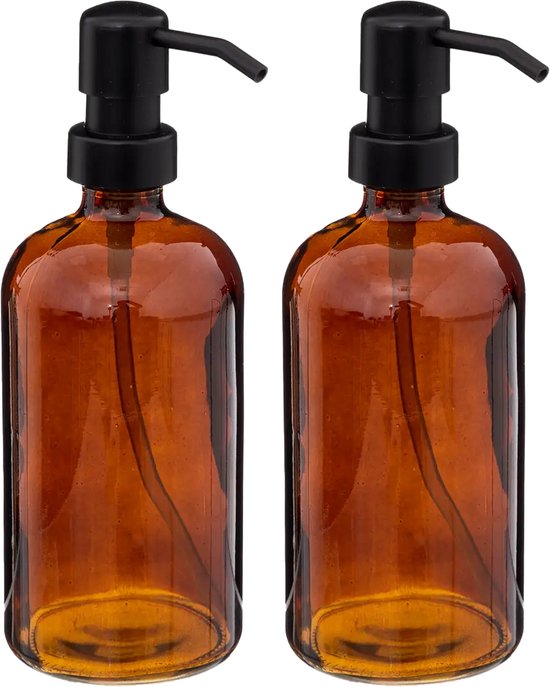 5Five Pompe/distributeur de savon Glass Lotion - 2x - marron transparent - 7 x 21 cm - 450 ml - verre
