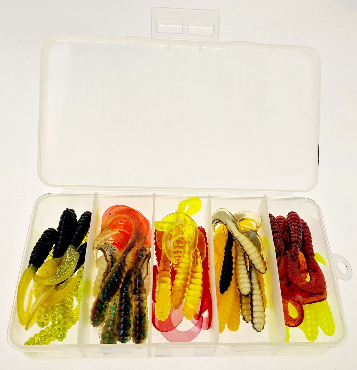 Qatrixx Softbait set 55 Delig - Enkele Twisters 7,5 cm uit Amerika - Jigheads - Staaldraad - inclusief Tacklebox - Roofvissen - Snoek - Baars - Snoekbaars - Kunstaas - Kunstaasset