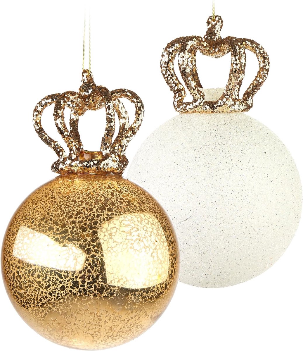 BRUBAKER Kerstballen - Set Koningin - 2 Premium Kerstballen Van Glas - Goud En Glitter Met Kronen - 15 cm Kerstboomversiering Koningin - Handgemaakt - Kerstdecoratie Hanger Boomdecoratie