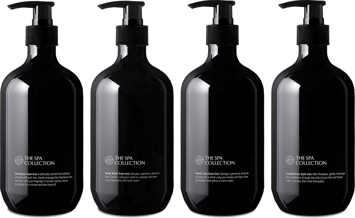 Goedkoopste The Spa Collection Gum Tree - Shampoo Body Wash Conditioner Handzeep - 475 ml stijlvolle zwarte pompfles - Set van 4 stuks
