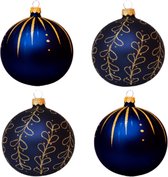 Stijlvolle Blauwe Matte Kerstballen met Luxe Gouden Decoratie- Streepjes en Krullen - Doosje met vier kerstballen van 8 cm