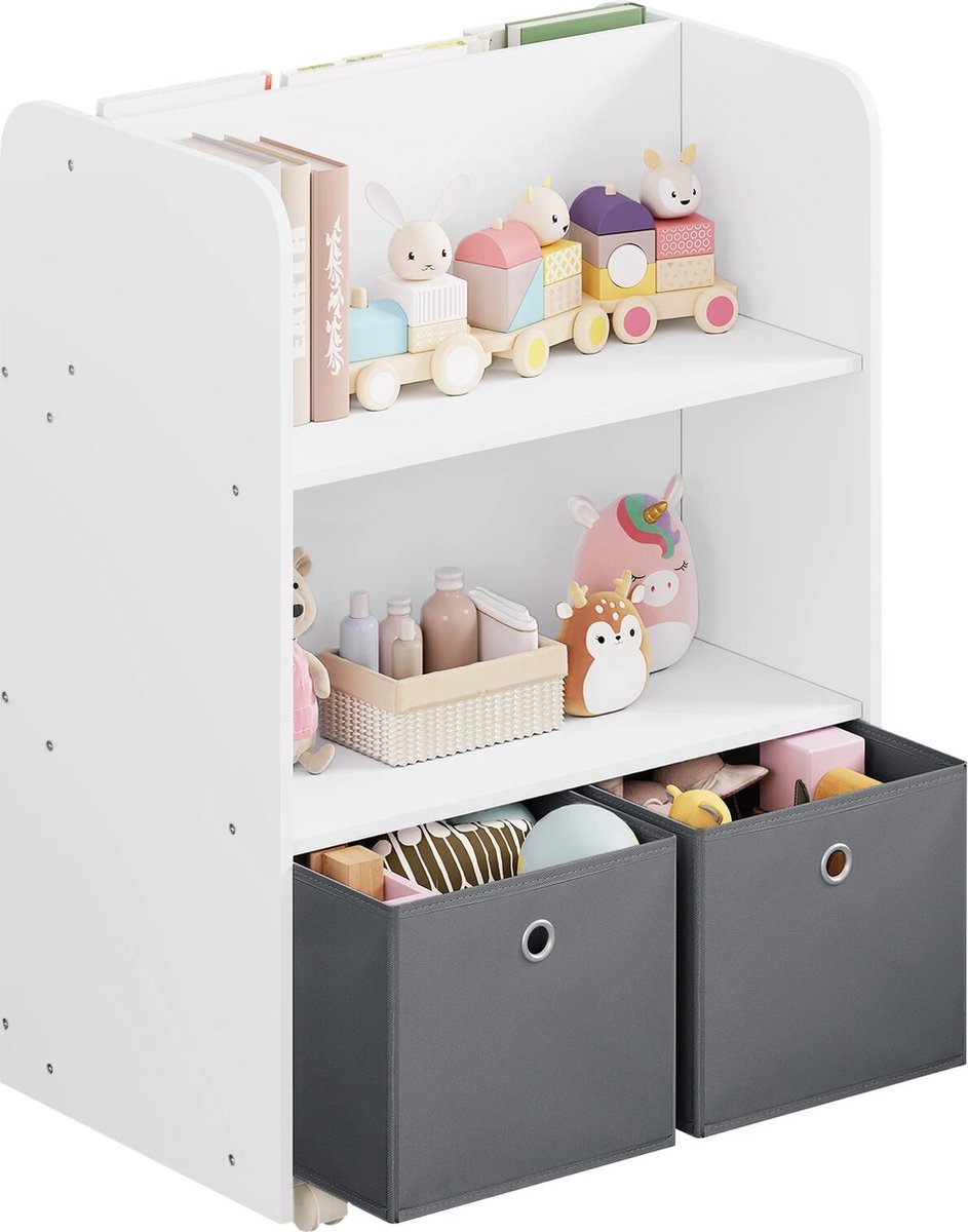 BukkitBow Boekenkast voor Kinderen met Planken en Opbergmanden - Dubbelzijdige Wanden met Staande Planken - (62,5x82,5x40CM) Wit