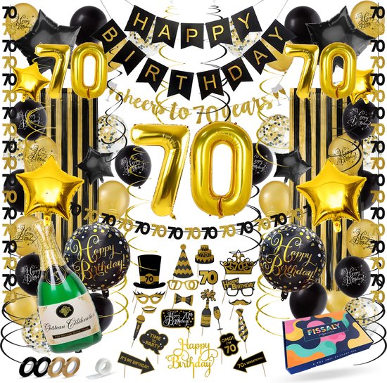 Fissaly 70 Jaar Verjaardag Decoratie Versiering - Ballonnen – Jubileum Man & Vrouw - Zwart en Goud