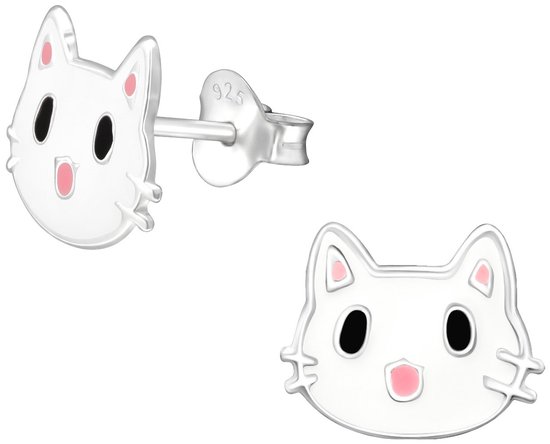 Joy|S - Zilveren kat poes oorbellen - 10 x 8 mm - wit met roze - kinderoorbellen