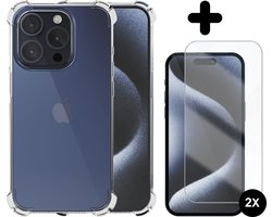 Hoesje geschikt voor iPhone 15 Pro Transparant - 2x screenprotector - beschermglas screen protector- Anti Shock hoes case