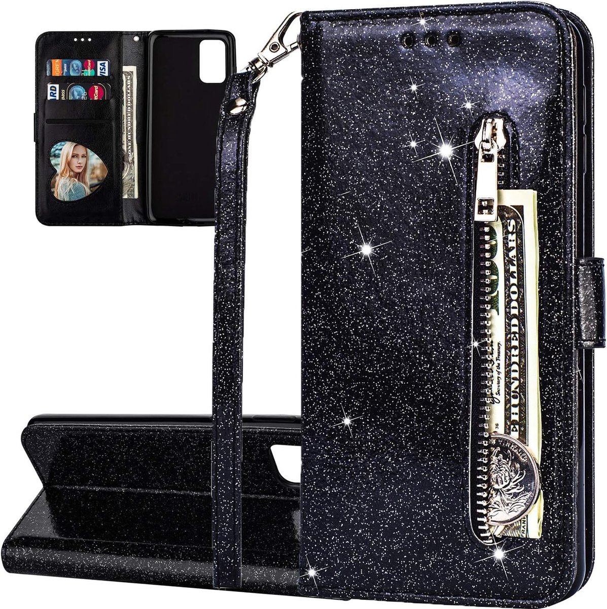 Telefoonhoesje - bling glitter - Bookcase Geschikt voor: Samsung Galaxy M21 - zwart