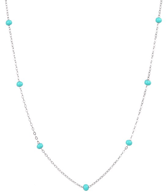 Nouka Dames Ketting met Turquoise Blauwe Steentjes – Turquoise Balletjes - Zilverkleurig - Stainless Steel – Roestvrij Staal – Zilver Kleurig - Cadeau voor Vrouwen – Cadeautje