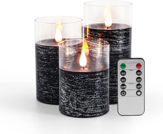 LED Kaarsen 3 stuks-Batterijkaarsen, zuilkaarsen Werkt op batterijen met afstandsbediening en timer-Zwart