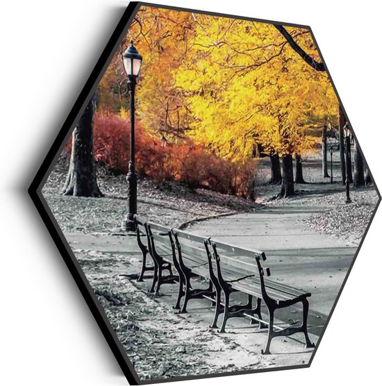 Akoestisch Schilderij Gele herfst Hexagon Basic XL (140 X 121 CM) - Akoestisch paneel - Akoestische Panelen - Akoestische wanddecoratie - Akoestisch wandpaneel