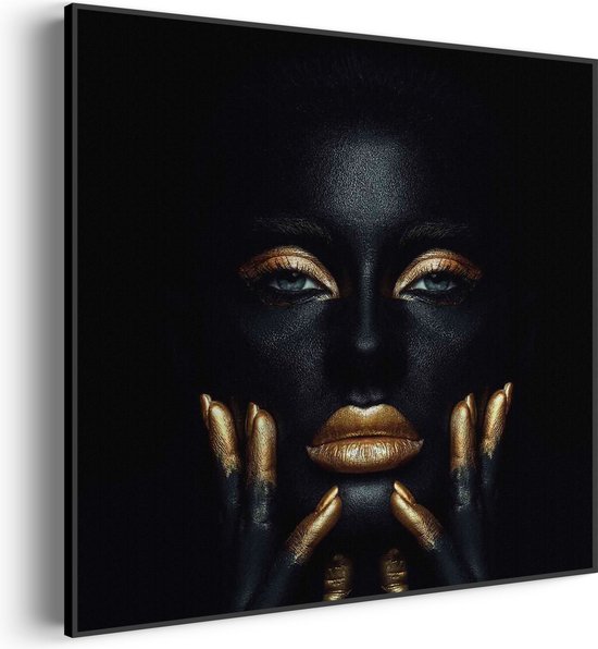 Akoestisch Schilderij Dame Gouden Make up Vierkant Basic XL (100X100) - Akoestisch paneel - Akoestische Panelen - Akoestische wanddecoratie - Akoestisch wandpaneel