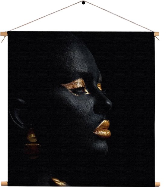 Textielposter Black Whoman With Gold Orange Vierkant XXL (90 X 90 CM) - Wandkleed - Wanddoek - Wanddecoratie