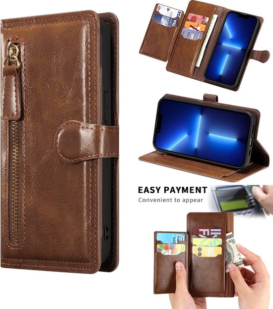 Etui LuxeBass adapté pour Samsung Galaxy A33 5G - Etui livre - Marron foncé - Etui portefeuille Vintage avec fermeture éclair - Etui pour téléphone - Etui pour téléphone portable - Etuis pour téléphone
