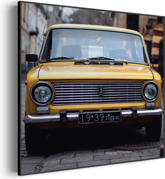 Akoestisch Schilderij Old School Gele Taxi 01 Vierkant Pro XL (100X100) - Akoestisch paneel - Akoestische Panelen - Akoestische wanddecoratie - Akoestisch wandpaneel
