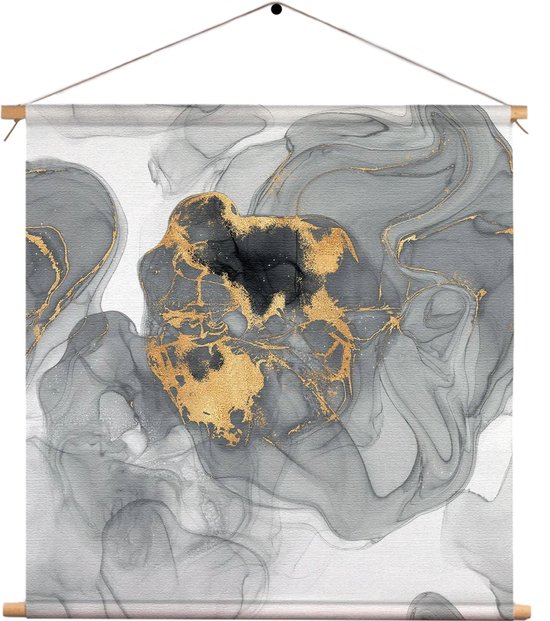 Textielposter Abstract Marmer Look Grijs met Goud 03 Vierkant XL (60 X 60 CM) - Wandkleed - Wanddoek - Wanddecoratie