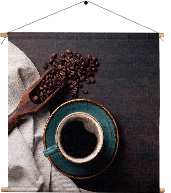 Textielposter Koffiebonen met Kop koffie Vierkant XXXL (120 X 120 CM) - Wandkleed - Wanddoek - Wanddecoratie