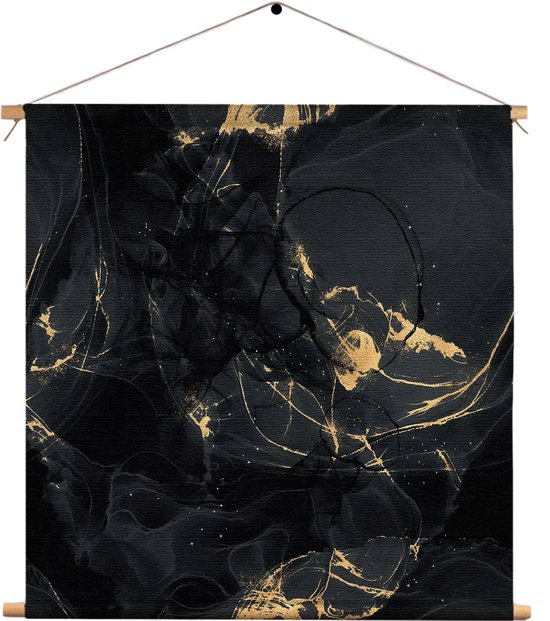 Textielposter Abstract Marmer Look Zwart met Goud 05 Vierkant XXL (90 X 90 CM) - Wandkleed - Wanddoek - Wanddecoratie