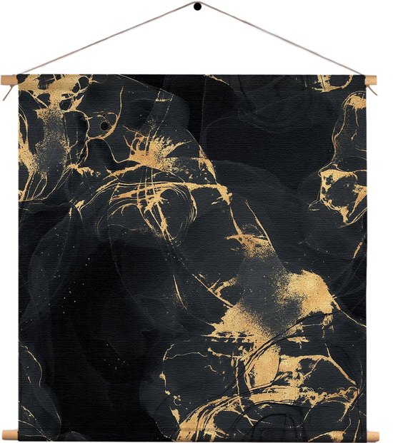 Textielposter Abstract Marmer Look Zwart met Goud 04 Vierkant XL (60 X 60 CM) - Wandkleed - Wanddoek - Wanddecoratie