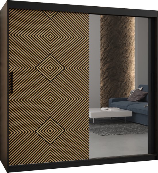 Zweefdeurkast met spiegel Kledingkast met 2 schuifdeuren Garderobekast slaapkamerkast Kledingstang met planken (LxHxP): 180x200x62 cm - MARIA II (Zwart en geometrische patronen, 180)