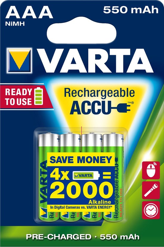 Verpakking met vier Varta AAA NiMH batterijen, 550 mAh, pre-charged.