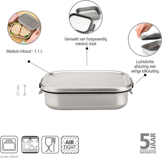 Boîte à lunch en inox, capacité 1.1L, avec fermeture hermétique à clips. Hauteur : 57 mm.