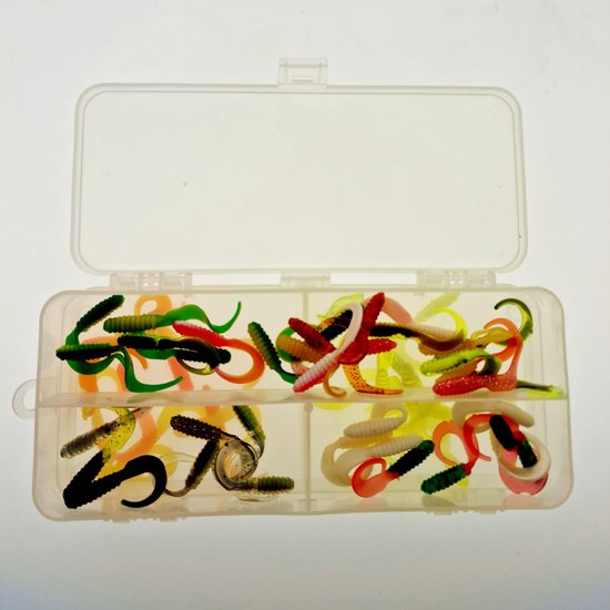 Foto: 60x twister enkel 4cm 1 6 inch assortiment c in diverse kleuren uit amerika in een dubbelzijdige tackle box