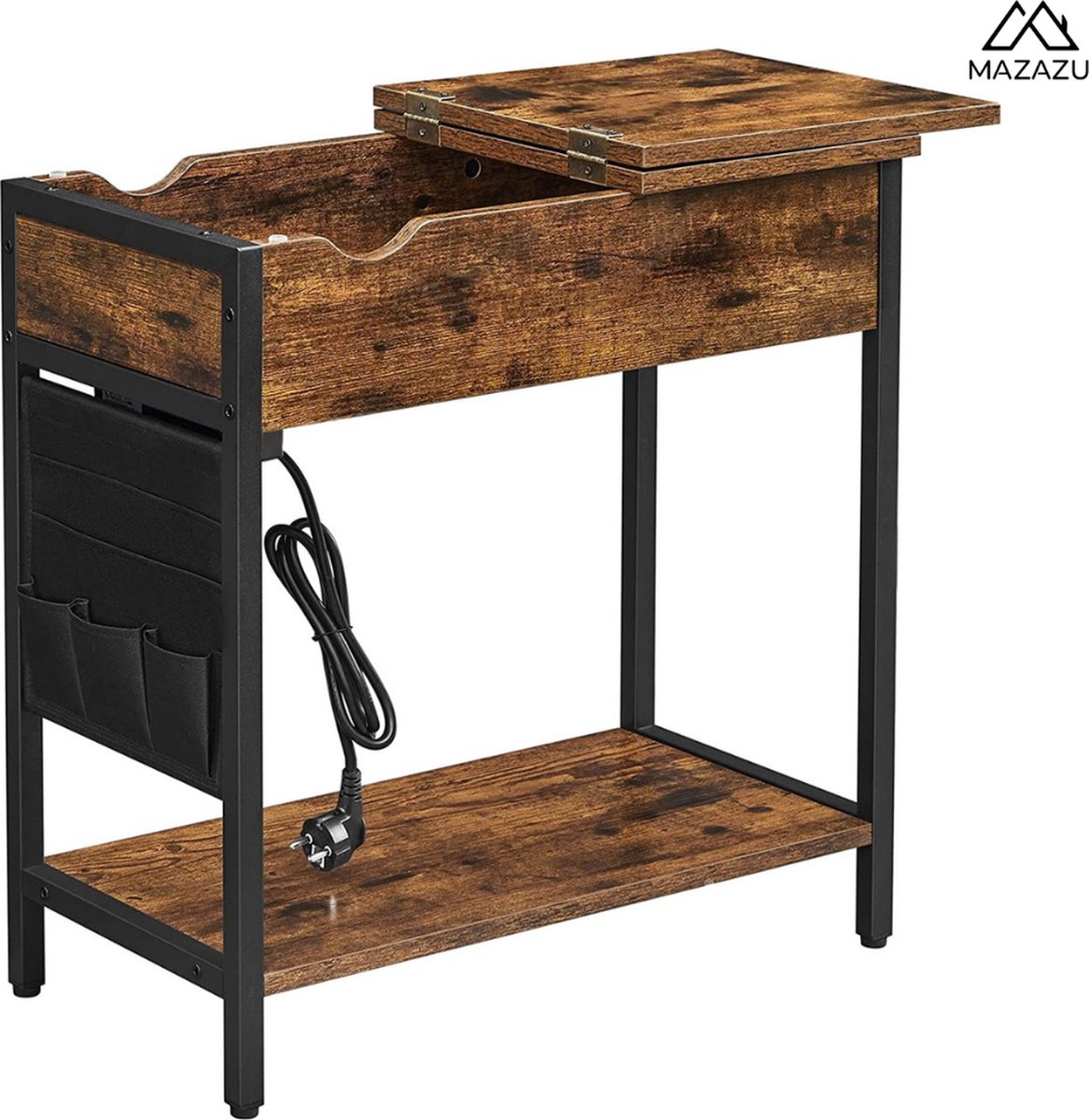MAZAZU MIRA Home - Bijzettafel - Nachtkastje met opbergvak - Industrieel - Bruin/zwart - 60x31.5x60 cm