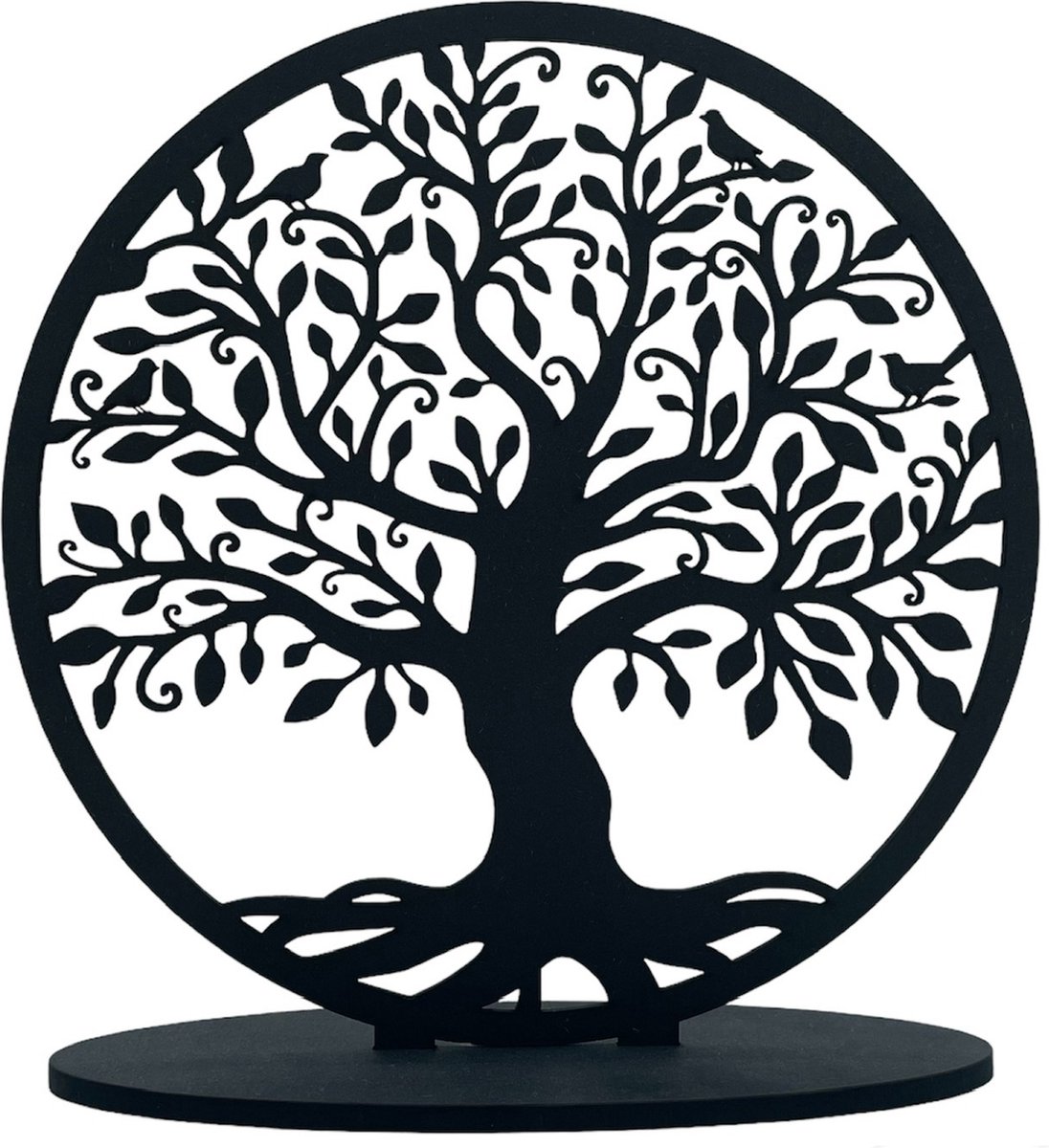 Levensboom Tree of Life - Ornament op voet - Rond Industrieel Hout Natuurlijk Woonkamer - Staand - Zwart - Decoratie - Moederdag cadeautje - Merkloos